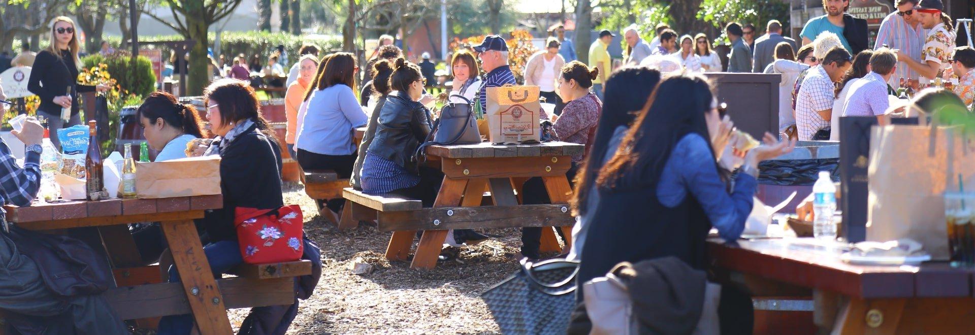 一群成年人在野餐桌旁吃午餐